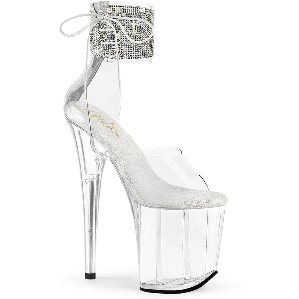 8" Heel, 4" Pf Rhinestoned Ankle Cuff Sandal, Back Zip Pleaser Pleaser FLAMINGO/824RS