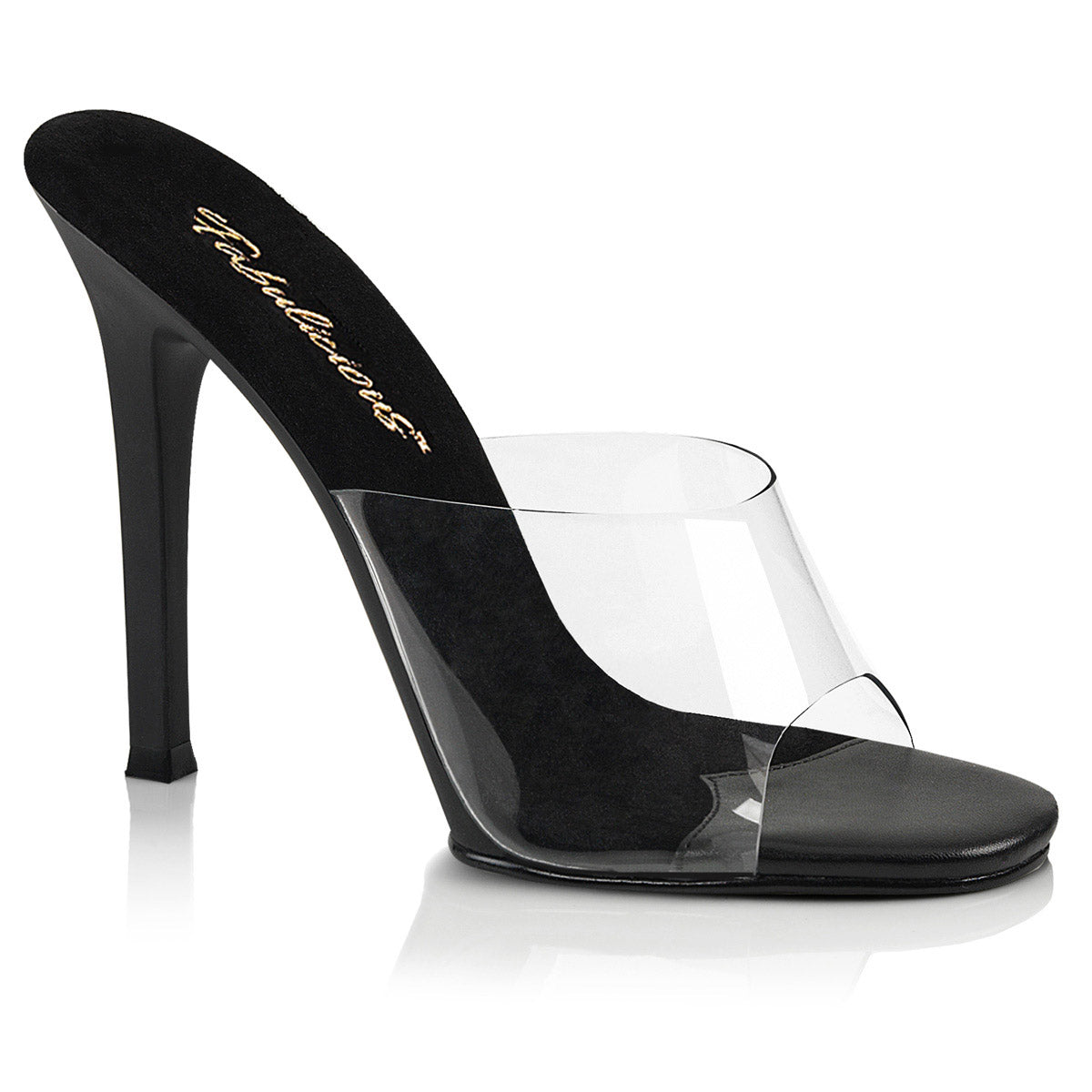 4 1/2" Heel Slide Clr-Blk/BlkMatte Pleaser Fabulicious GALA/01