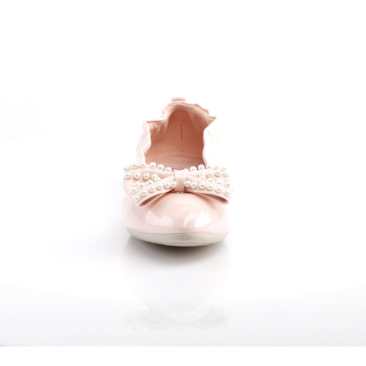 Pointed Toe Foldable Flats W/ Pearl Embellished Bow Blk Pat Secondary image