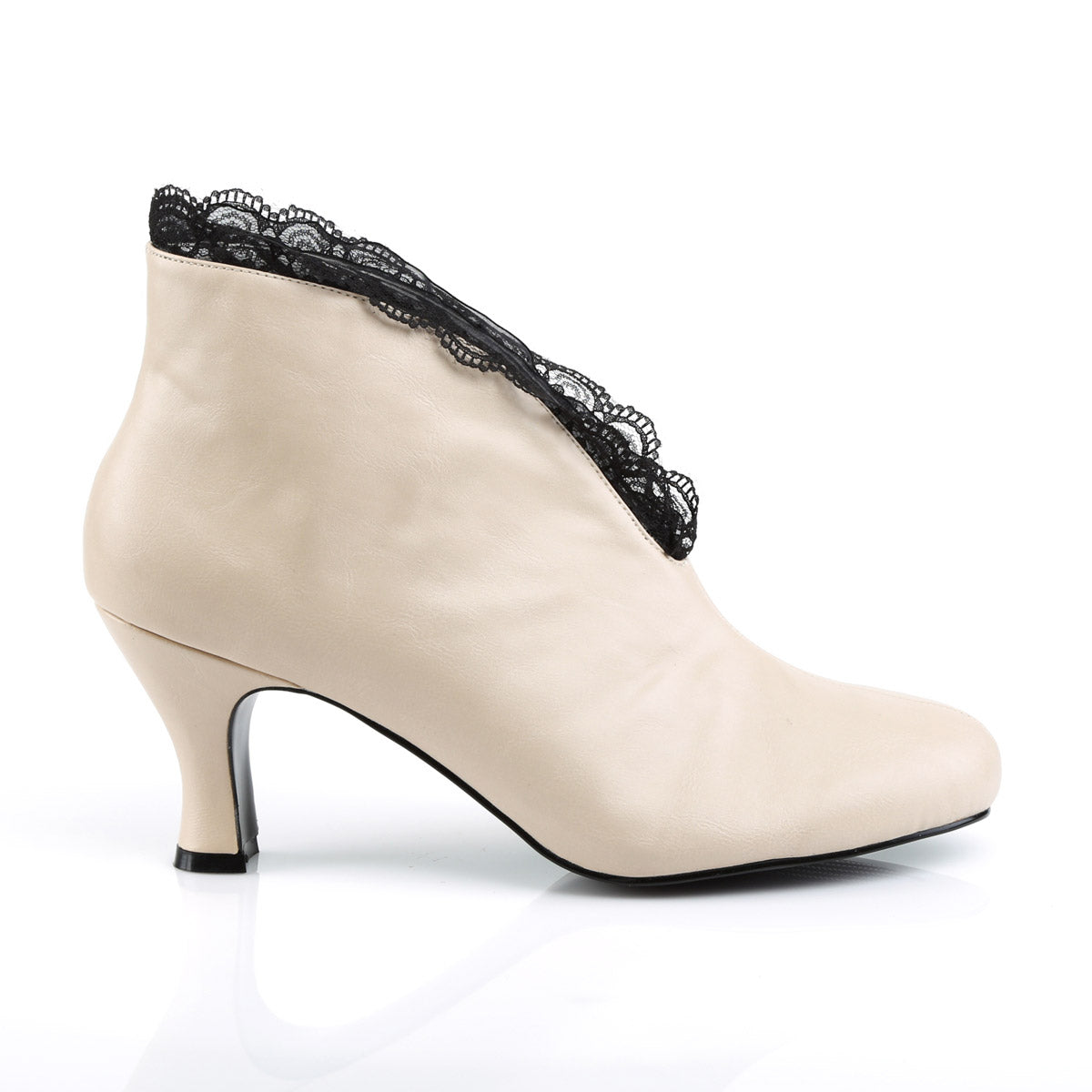 3" Heel Slip-On Ankle Boot Cream Faux Leather-Blk Lace Pleaser Pink Label JENNA/105