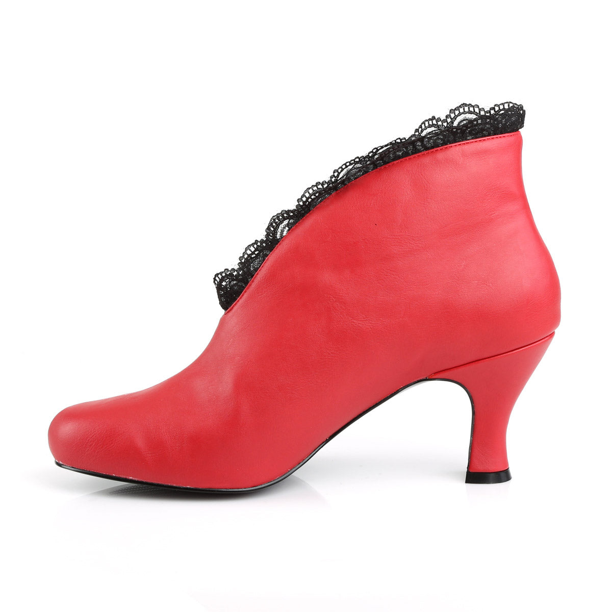 3" Heel Slip-On Ankle Boot Red Fuax Leather-Blk Lace Pleaser Pink Label JENNA/105