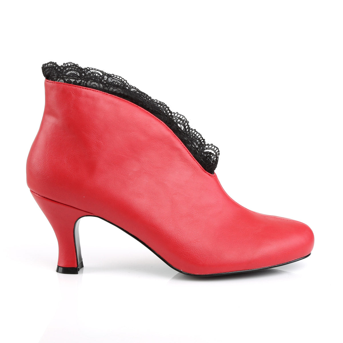 3" Heel Slip-On Ankle Boot Red Fuax Leather-Blk Lace Pleaser Pink Label JENNA/105