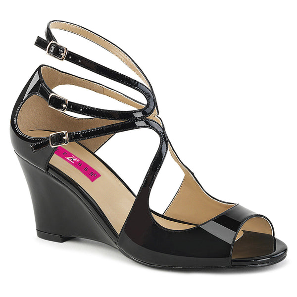 3" Strappy Wedge Sandal W/ Cutout Detail Blk Pat Pleaser Pink Label KIMBERLY/04