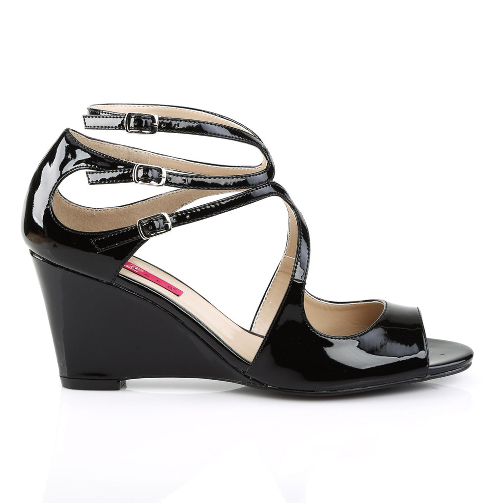 3" Strappy Wedge Sandal W/ Cutout Detail Blk Pat Pleaser Pink Label KIMBERLY/04