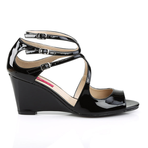3" Strappy Wedge Sandal W/ Cutout Detail Blk Pat Pleaser Pink Label KIMBERLY/04