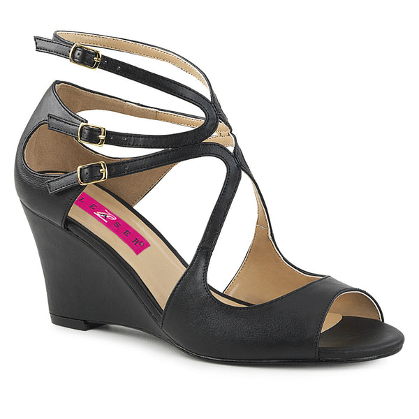 3" Strappy Wedge Sandal W/ Cutout Detail Blk Faux Leather Pleaser Pink Label KIMBERLY/04