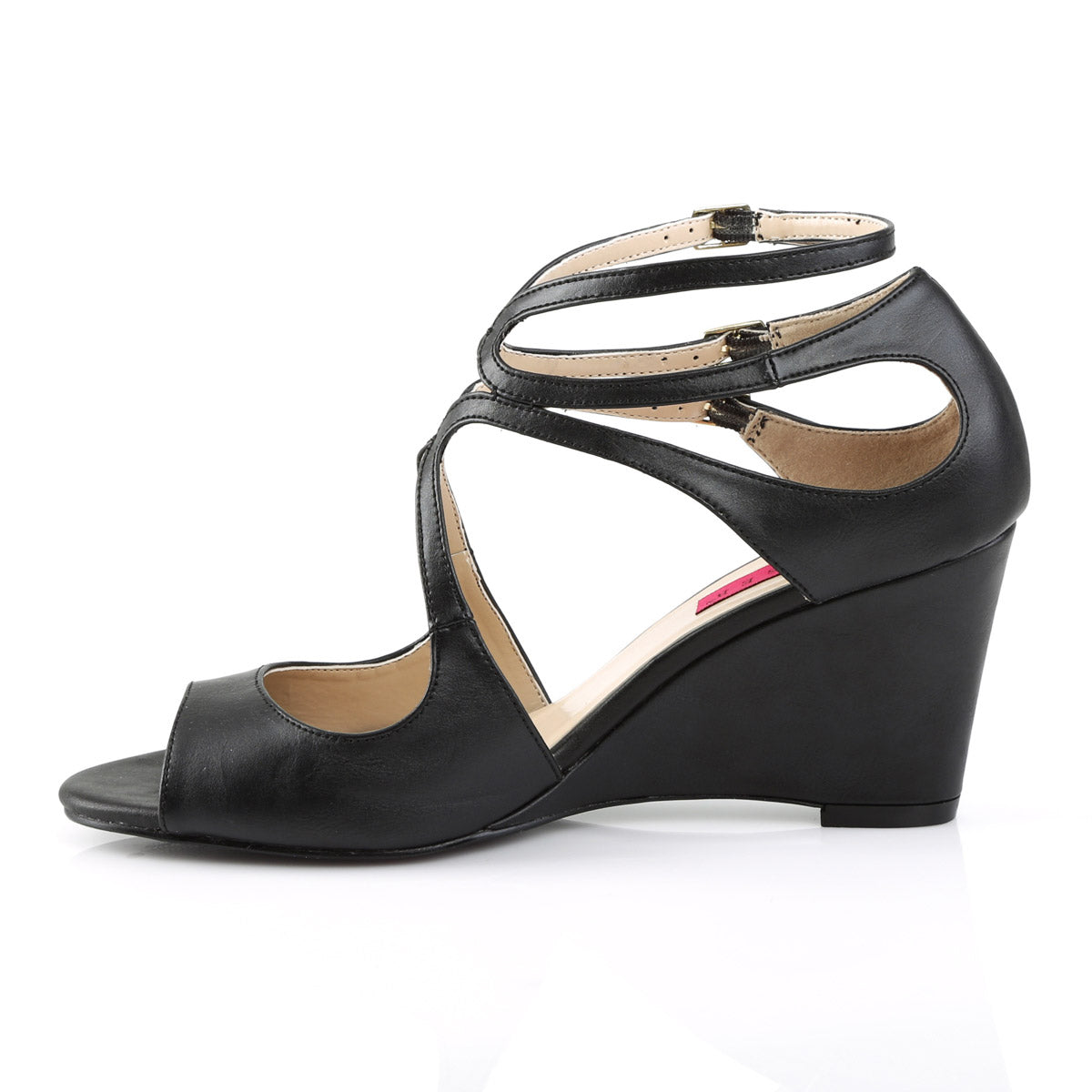 3" Strappy Wedge Sandal W/ Cutout Detail Blk Faux Leather Pleaser Pink Label KIMBERLY/04