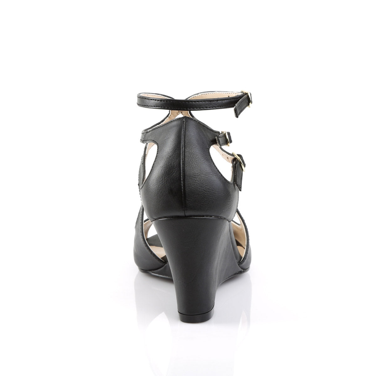 3" Strappy Wedge Sandal W/ Cutout Detail Blk Faux Leather Pleaser Pink Label KIMBERLY/04