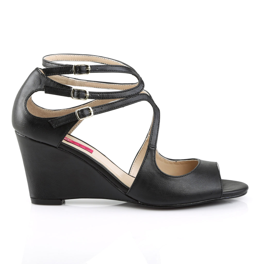 3" Strappy Wedge Sandal W/ Cutout Detail Blk Faux Leather Pleaser Pink Label KIMBERLY/04