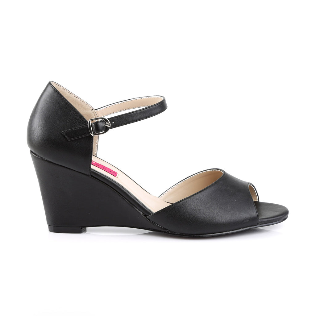 3" Ankle Strap Wedge Sandal Blk Faux Leather Pleaser Pink Label KIMBERLY/05