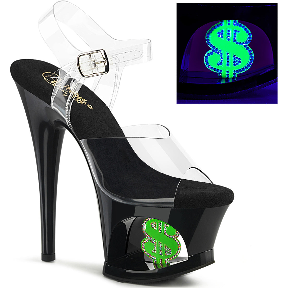 7" Heel, 2 3/4" Cut-Out Pf Ankle Strap Sandal W/Money Sign Pleaser Pleaser MOON/708USD Main image