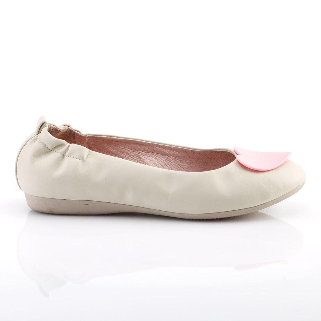 Round Toe Foldable Flats W/ Heart Adornment Cream Faux Leather Pleaser Pin Up Couture OLIVE/05