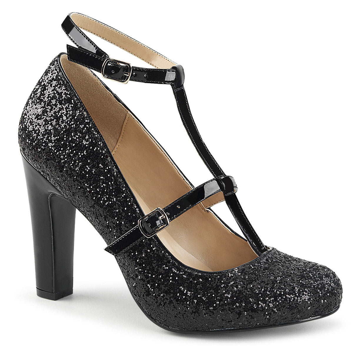 4" Heel, Round Toe Pump W/ Glitters Blk Gltr-Pat Pleaser Pink Label QUEEN/01 Main image