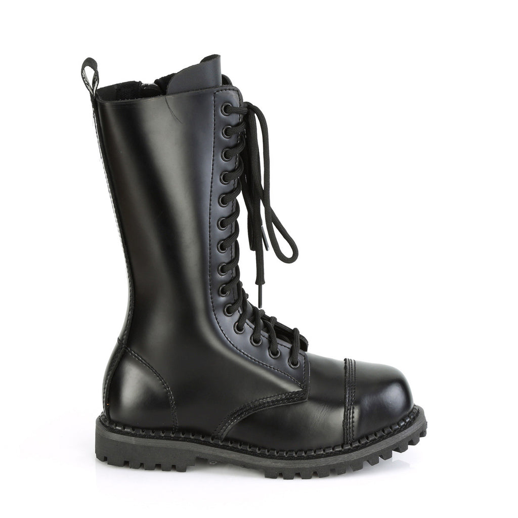14 Eyelet Unisex Steel Toe Mid Calf Boot, Rubber Sole Pleaser Demonia RIOT/14