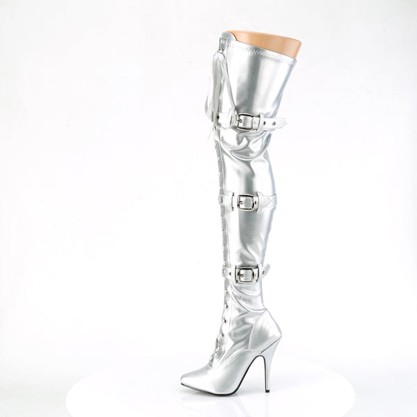 5" Heel Lace-Up Buckle Strap Stretch Thigh Boot, Side Zip Pleaser Pleaser SEDUCE/3028