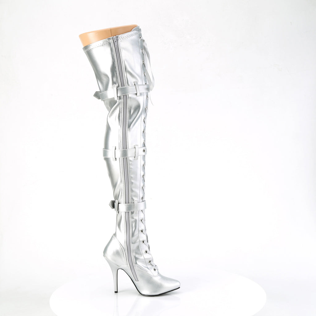 5" Heel Lace-Up Buckle Strap Stretch Thigh Boot, Side Zip Pleaser Pleaser SEDUCE/3028