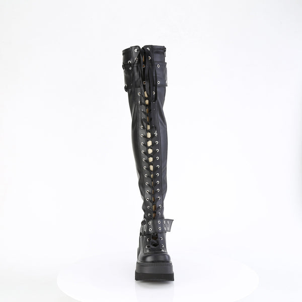 4 1/2" Wedge Pf Lace-Up Stretch Thigh High Boot, Side Zip Pleaser Demonia SHAKER/325