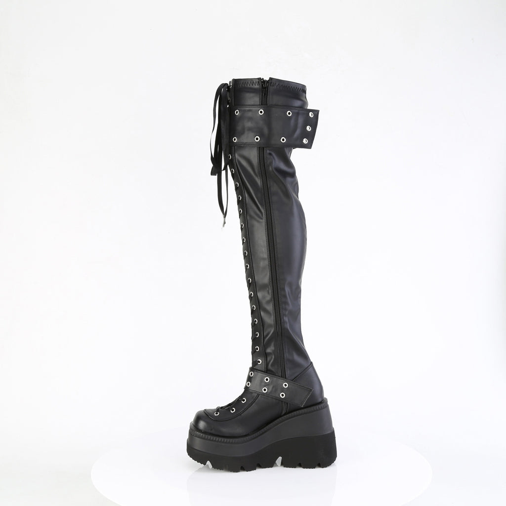 4 1/2" Wedge Pf Lace-Up Stretch Thigh High Boot, Side Zip Pleaser Demonia SHAKER/325