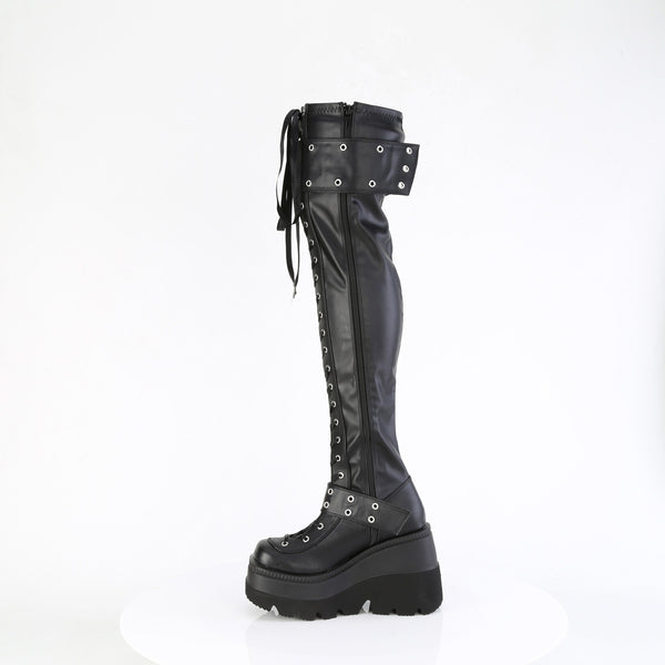 4 1/2" Wedge Pf Lace-Up Stretch Thigh High Boot, Side Zip Pleaser Demonia SHAKER/325