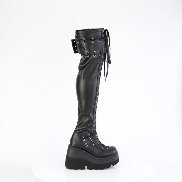 4 1/2" Wedge Pf Lace-Up Stretch Thigh High Boot, Side Zip Pleaser Demonia SHAKER/325