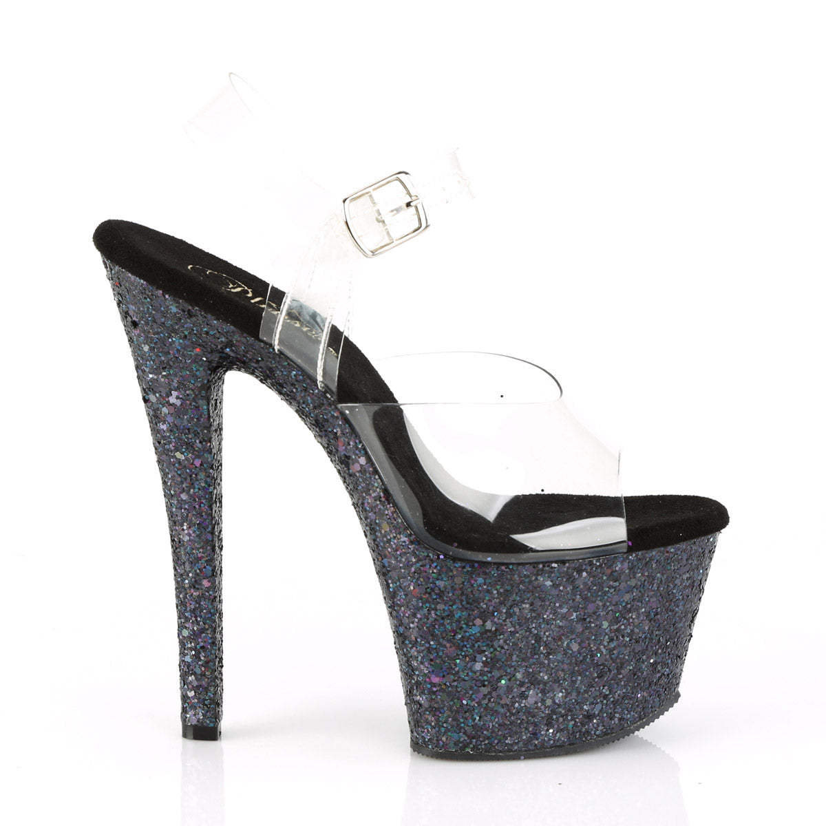 7" Heel, 2 3/4" PF Ankle Strap Sandal w/ Glitter Bottom Pleaser  SKY/308LG