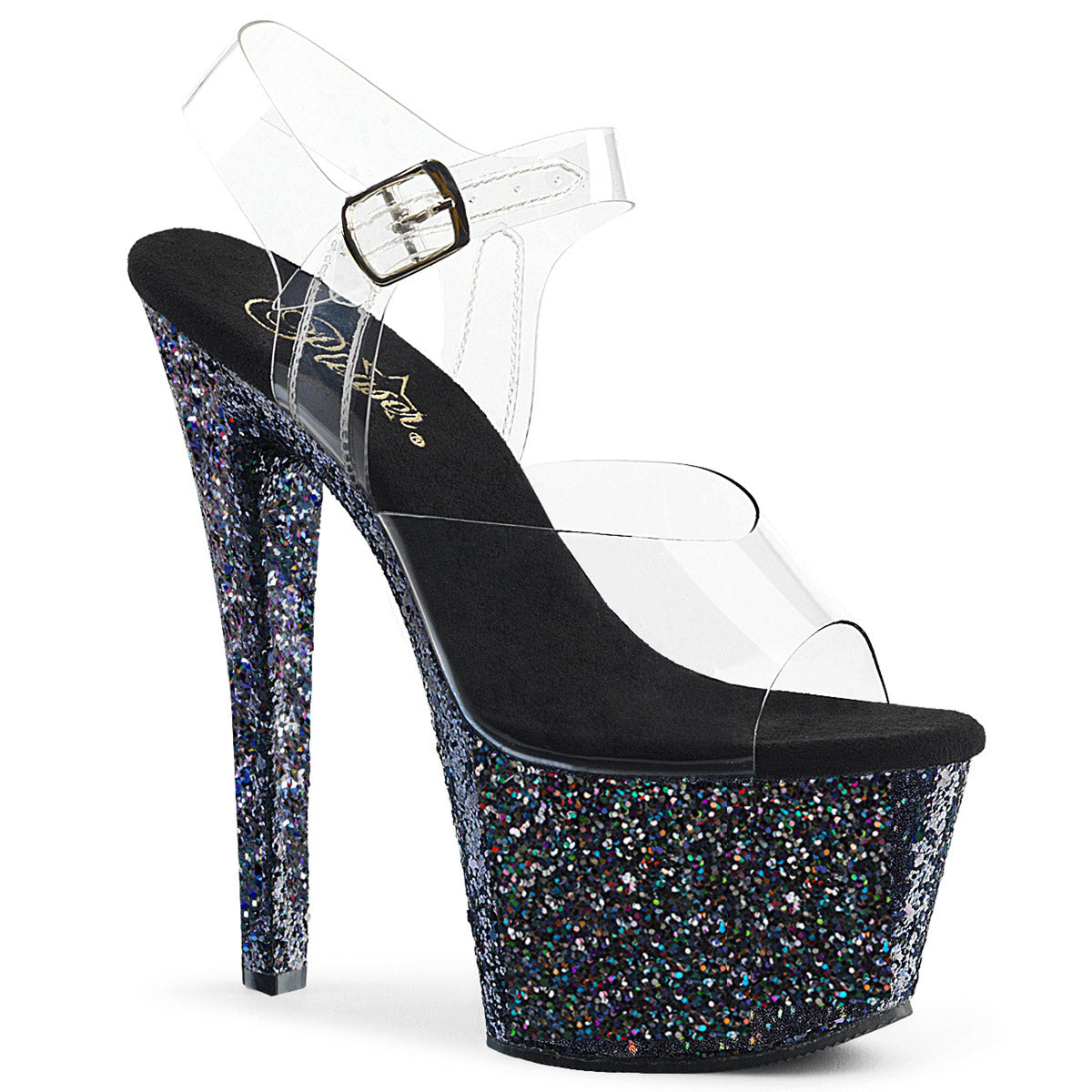 7" Heel, 2 3/4" PF Ankle Strap Sandal w/ Glitter Bottom Pleaser  SKY/308LG Main image