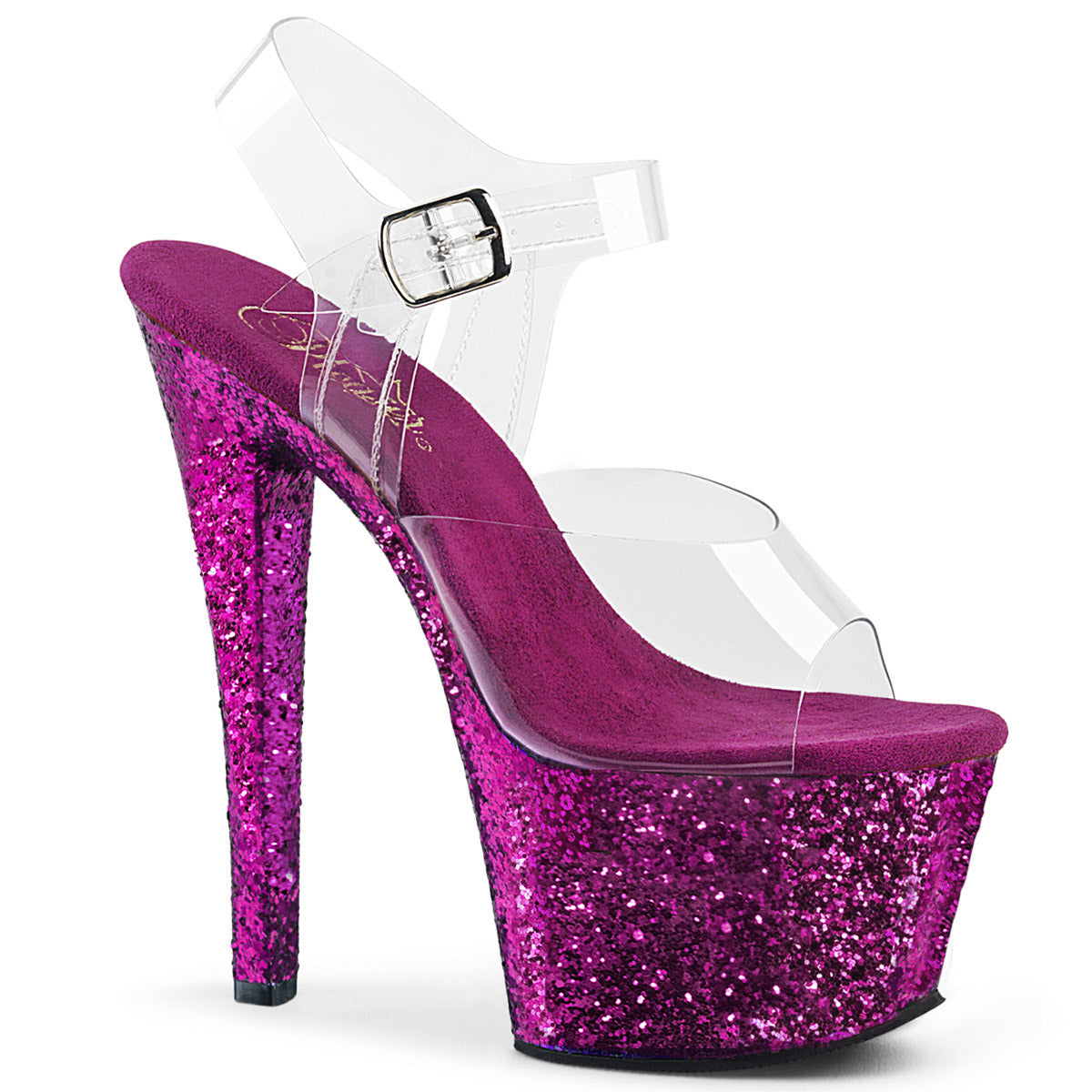 7" Heel, 2 3/4" PF Ankle Strap Sandal w/ Glitter Bottom Pleaser  SKY/308LG