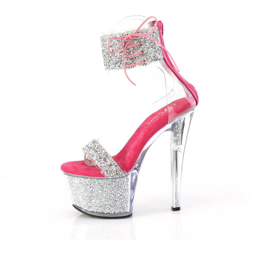 7" Heel, 2 3/4" Pf Ankle Cuff Sandal W/Rs, Back Zip Pleaser Pleaser SKY/327RSI