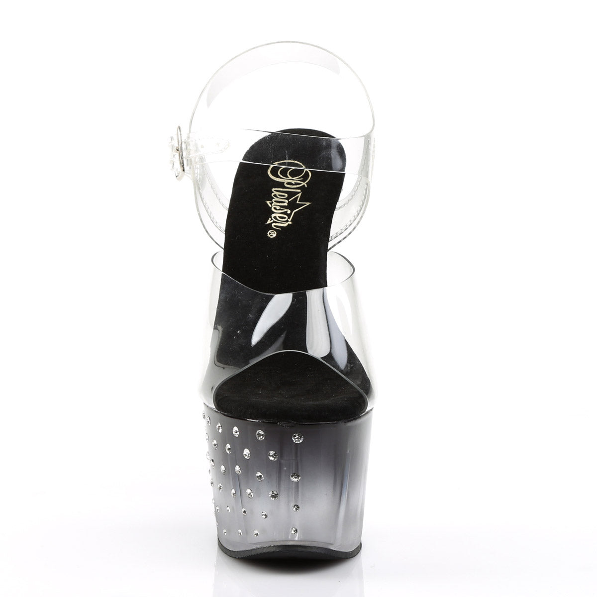 7" Heel, 2 3/4" PF Ankle Strap Sandal w/RS Studded Bottom Clr/Blk-Clr Secondary image