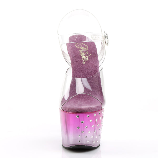 7" Heel, 2 3/4" PF Ankle Strap Sandal w/RS Studded Bottom Clr/Purple-Clr Pleaser  STARDUST/708T
