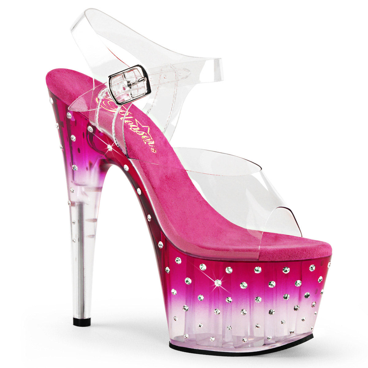 7" Heel, 2 3/4" PF Ankle Strap Sandal w/RS Studded Bottom Pleaser Pleaser STARDUST/708T