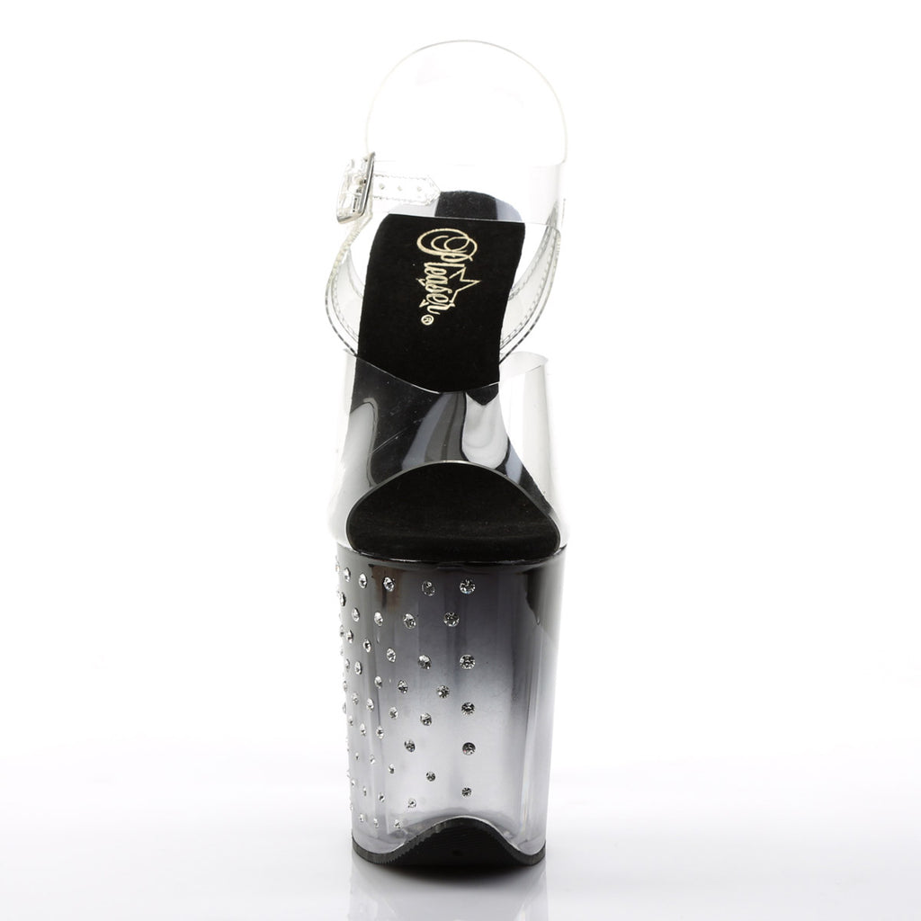 8" Heel, 4" PF Ankle Strap Sandal w/RS Studded Bottom Clr/Blk-Clr Pleaser Pleaser STARDUST/808T