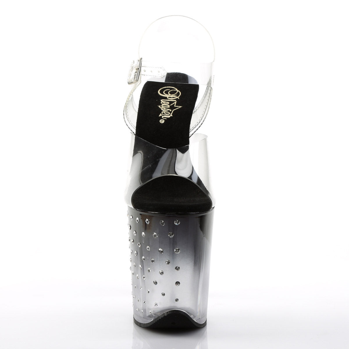 8" Heel, 4" PF Ankle Strap Sandal w/RS Studded Bottom Clr/Blk-Clr Pleaser Pleaser STARDUST/808T