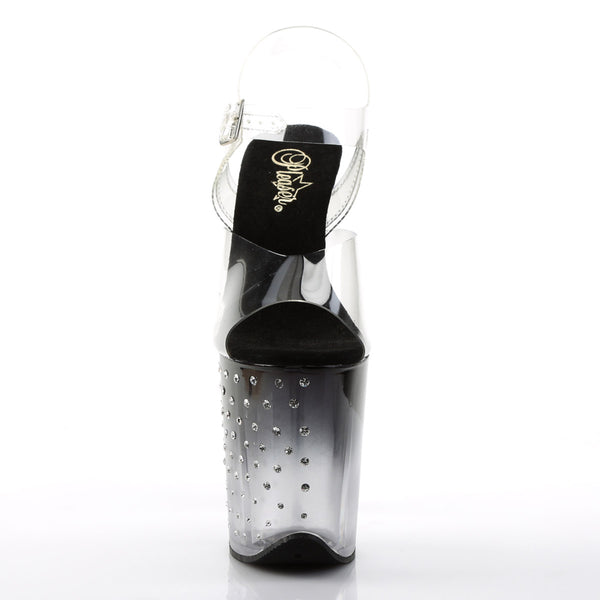8" Heel, 4" PF Ankle Strap Sandal w/RS Studded Bottom Clr/Blk-Clr Pleaser Pleaser STARDUST/808T