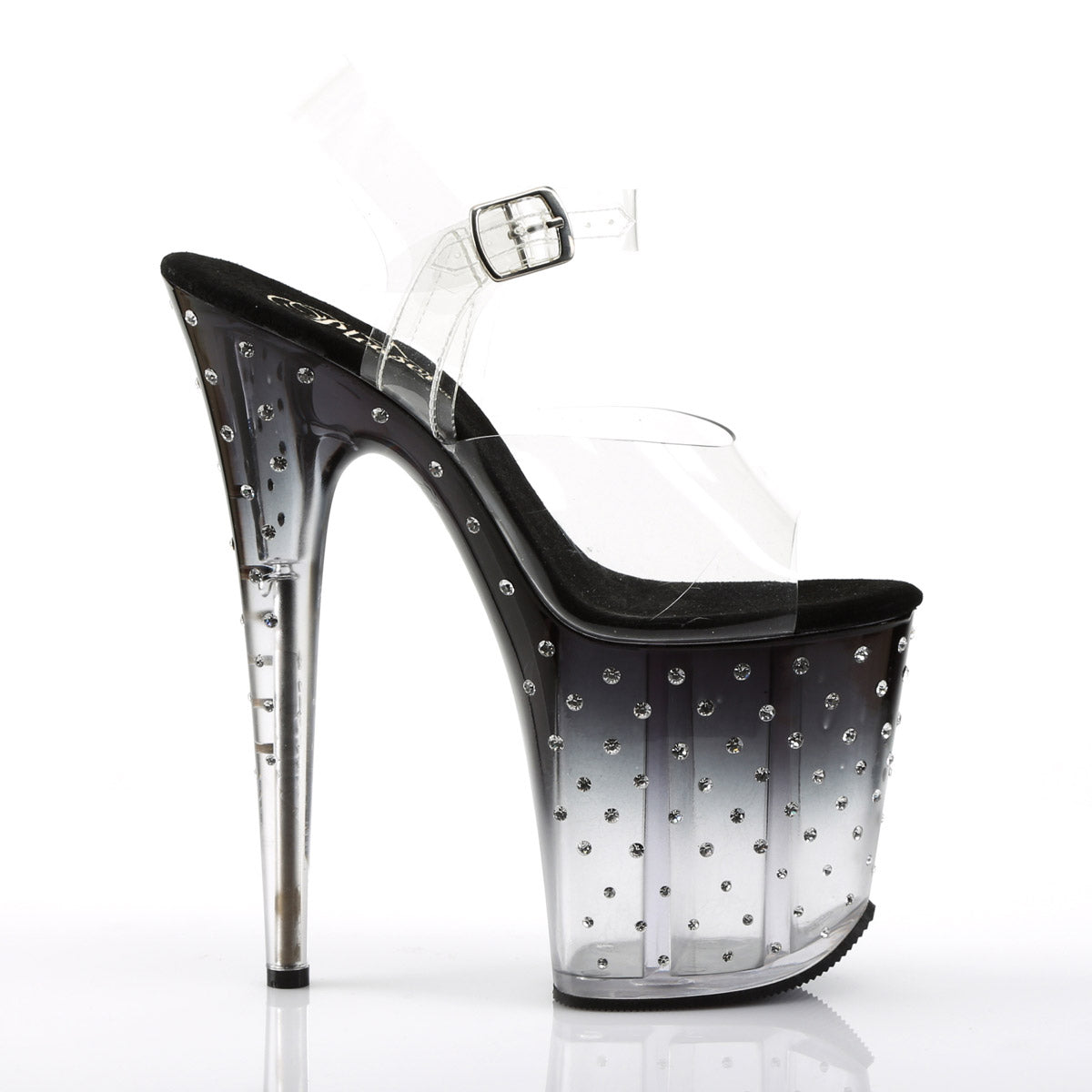 8" Heel, 4" PF Ankle Strap Sandal w/RS Studded Bottom Clr/Blk-Clr Pleaser Pleaser STARDUST/808T