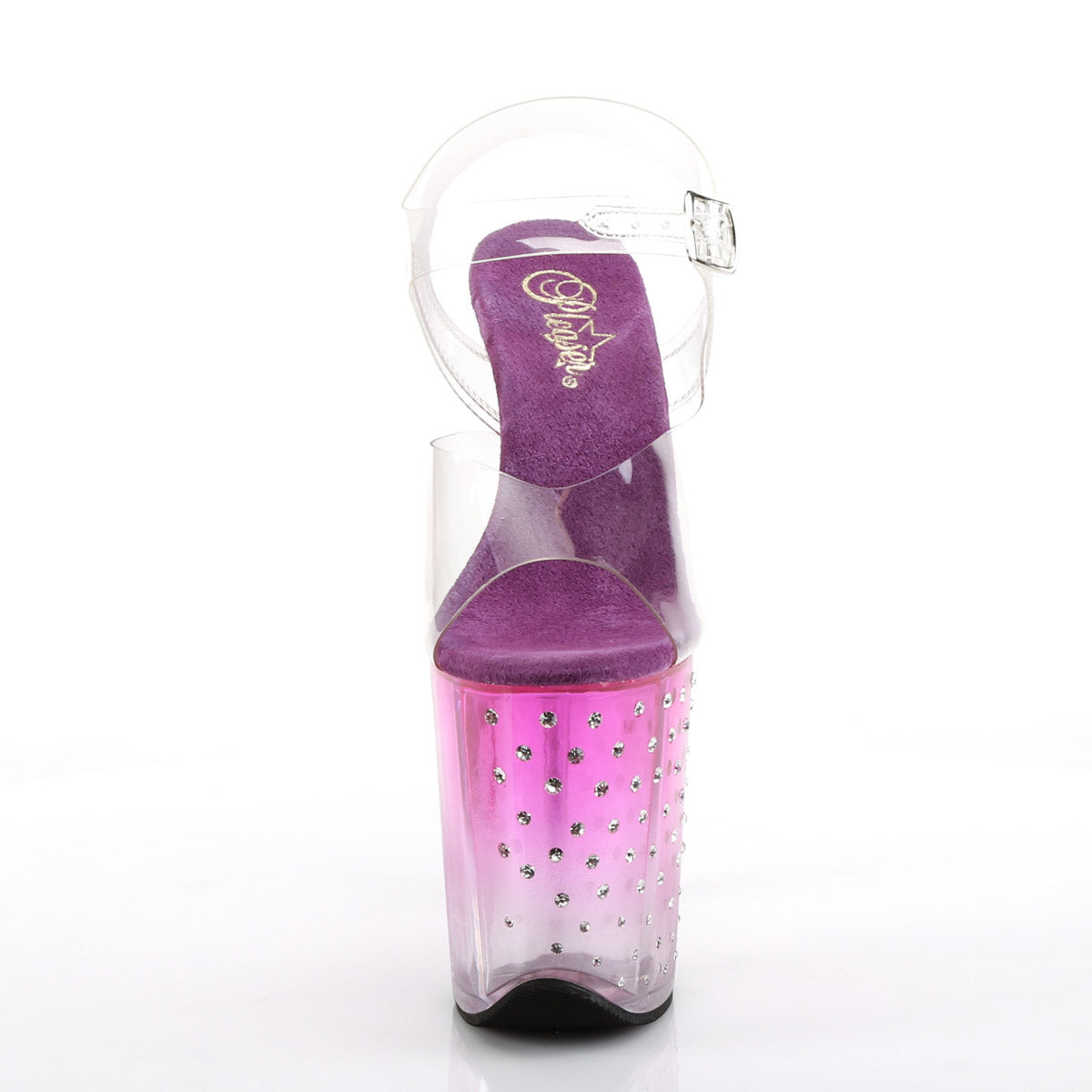 8" Heel, 4" PF Ankle Strap Sandal w/RS Studded Bottom Clr/Purple-Clr Pleaser  STARDUST/808T