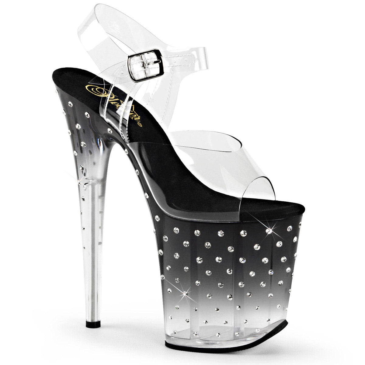 8" Heel, 4" PF Ankle Strap Sandal w/RS Studded Bottom Clr/Blk-Clr Pleaser Pleaser STARDUST/808T Main image