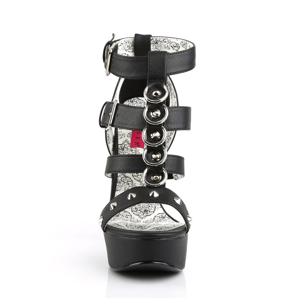 5 3/4" Heel, 1 3/4" PF Strappy T-Strap Close Back Sandal Blk Faux Leather Pleaser Pink Label TEEZE/42W