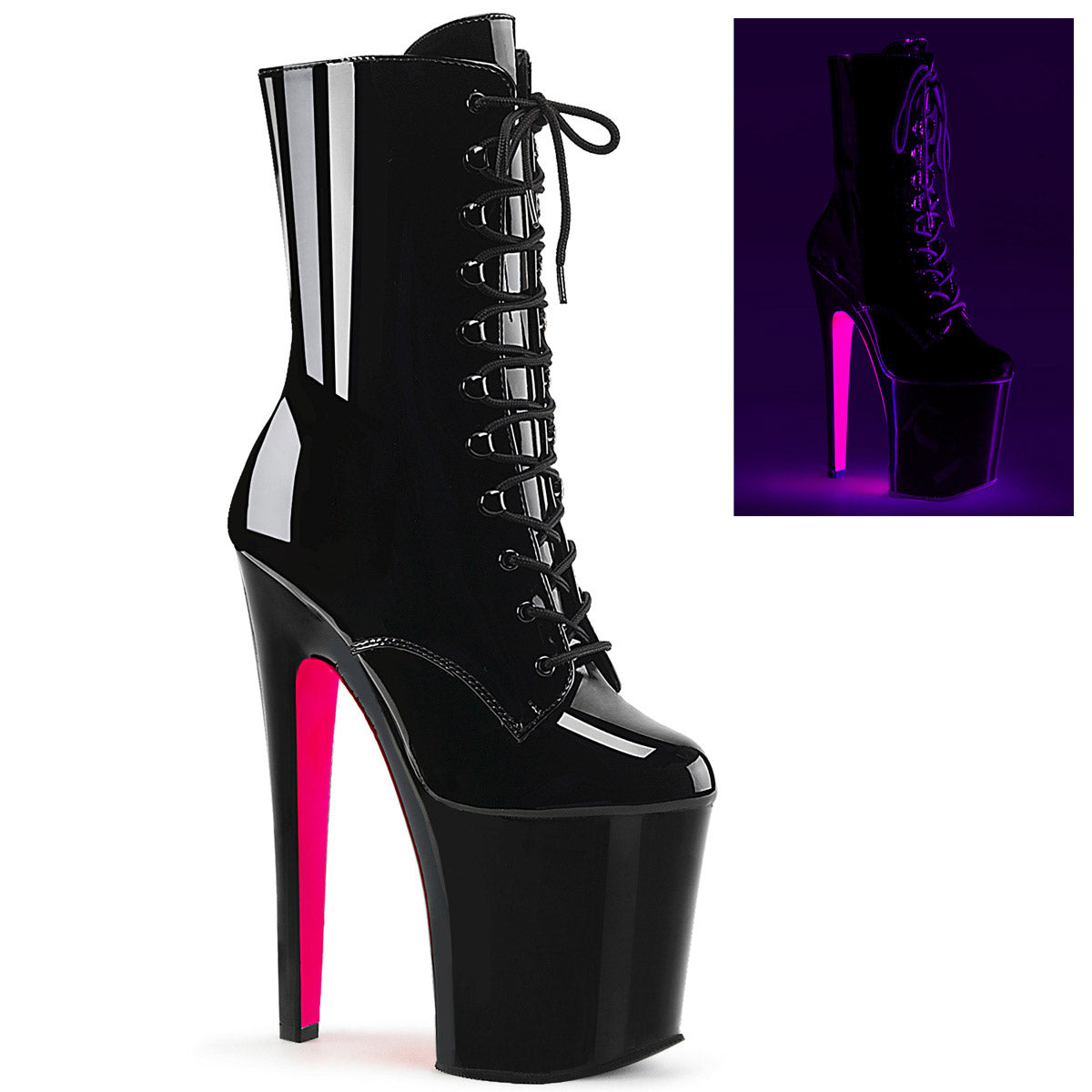 8" Heel, 4" PF Lace-up Two Tone Ankle Boot, Side Zip Pleaser Pleaser XTREME/1020TT