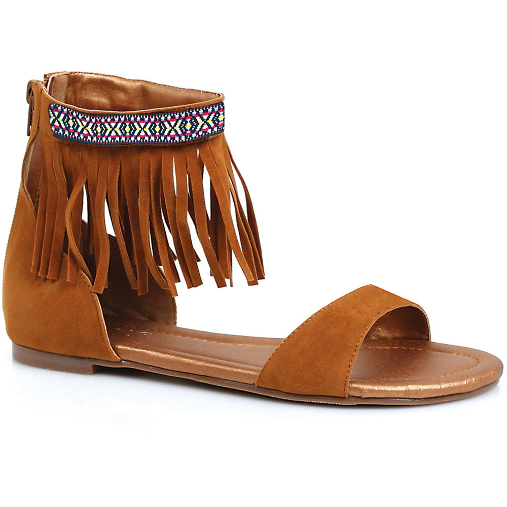 Tribal fringe native flat sandal with embroidered details Ellie  015/HENA/TAN Main image