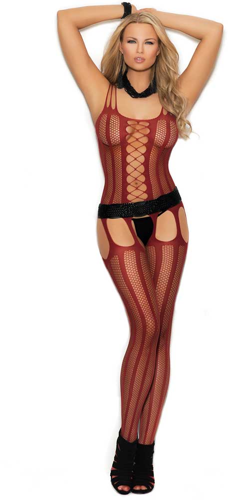 Vertical striped fishnet suspender bodystocking. Elegant Moments  1301