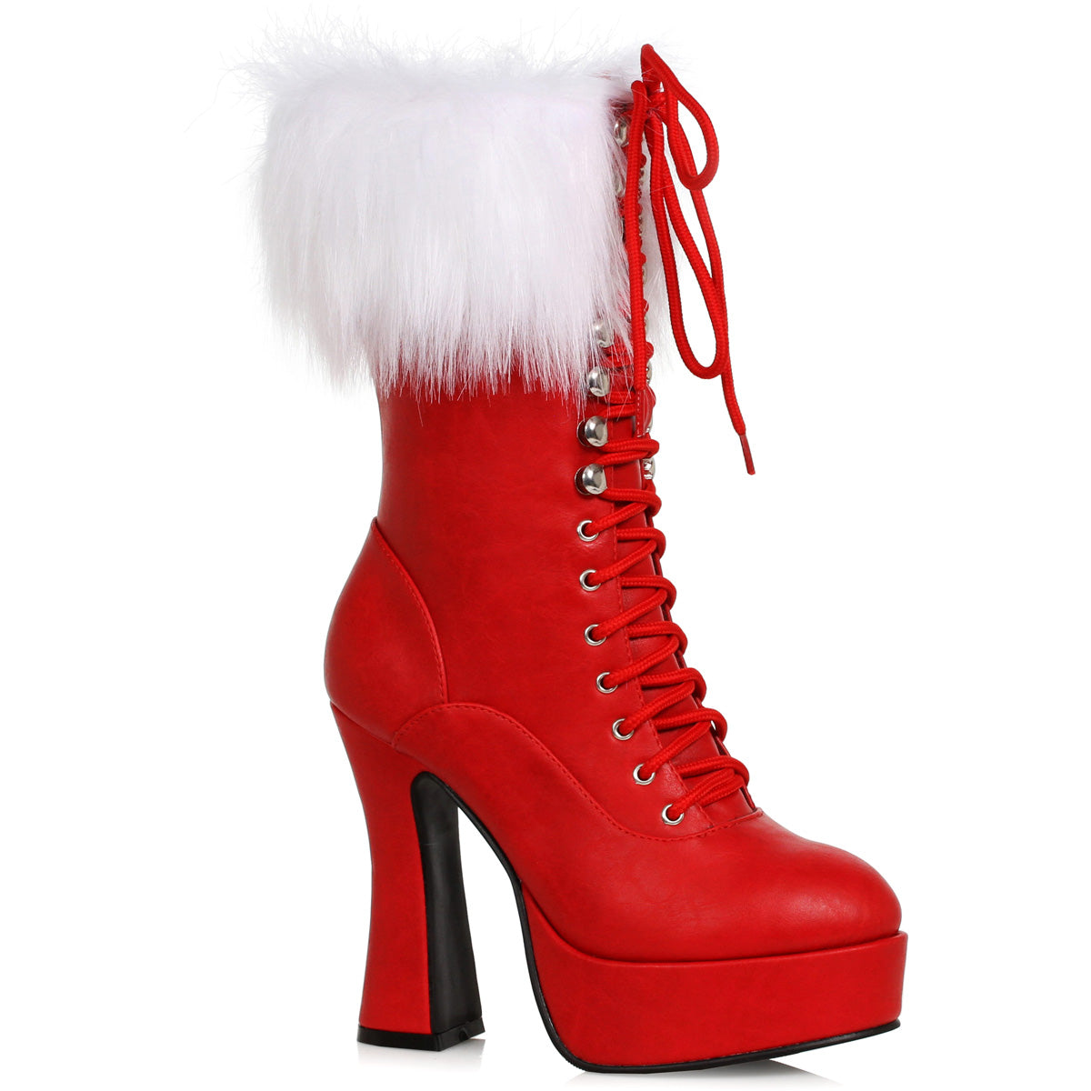 Ellie Women's Black 5.5 Inch Heel Lace-Up Boot with White Faux Fur Cuff Secondary image