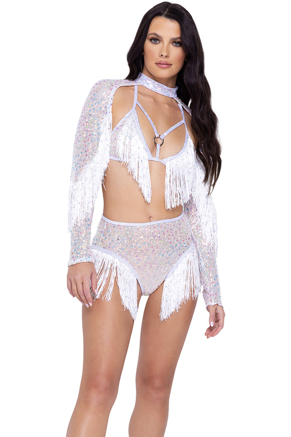 Sequin Fishnet High Waisted Shorts With Sequin Fringe Detail Roma  6221