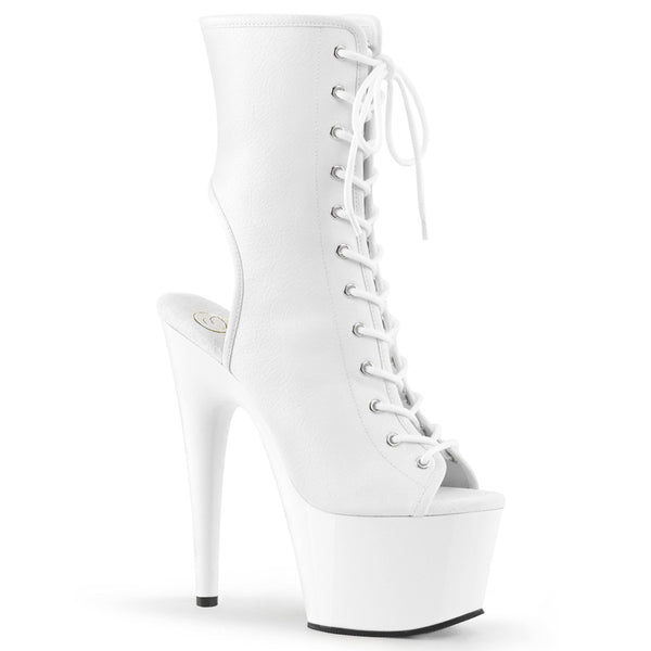 7" Heel, 2 3/4" PF Open Toe/Heel Ankle Boot, Side Zip Wht Faux Leather/Wht Pleaser Pleaser ADORE/1016