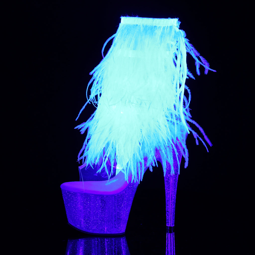 7" Heel, 2 3/4" Pf Marabou Fur Fringe Ankle Boot, Side Zip Pleaser  ADO1017MFF/C-W/C
