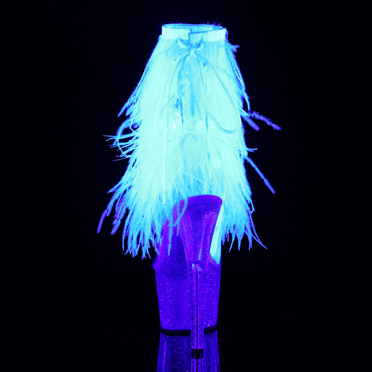7" Heel, 2 3/4" Pf Marabou Fur Fringe Ankle Boot, Side Zip Pleaser  ADO1017MFF/C-W/C