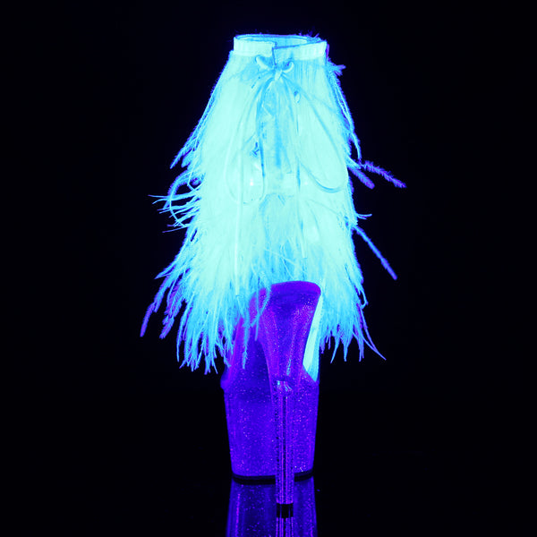 7" Heel, 2 3/4" Pf Marabou Fur Fringe Ankle Boot, Side Zip Pleaser  ADO1017MFF/C-W/C