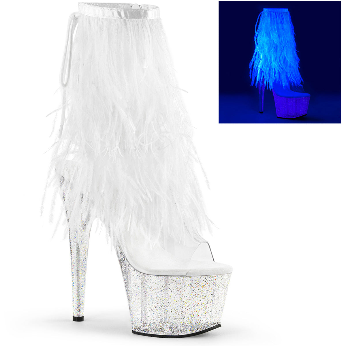 7" Heel, 2 3/4" Pf Marabou Fur Fringe Ankle Boot, Side Zip Pleaser  ADO1017MFF/C-W/C Main image