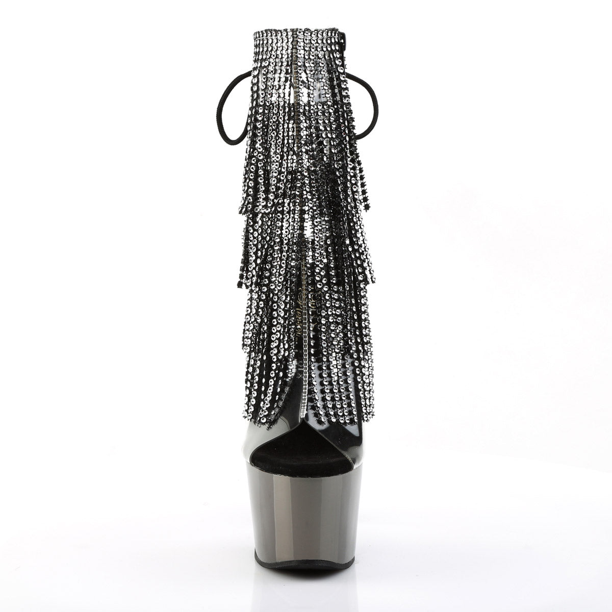 7" Heel, 2 3/4" PF Open Toe/Heel Lace-Up Fringe Ankle Boot Clr-Blk/Dark Pewter Chrome Pleaser Pleaser ADORE/1017RSF