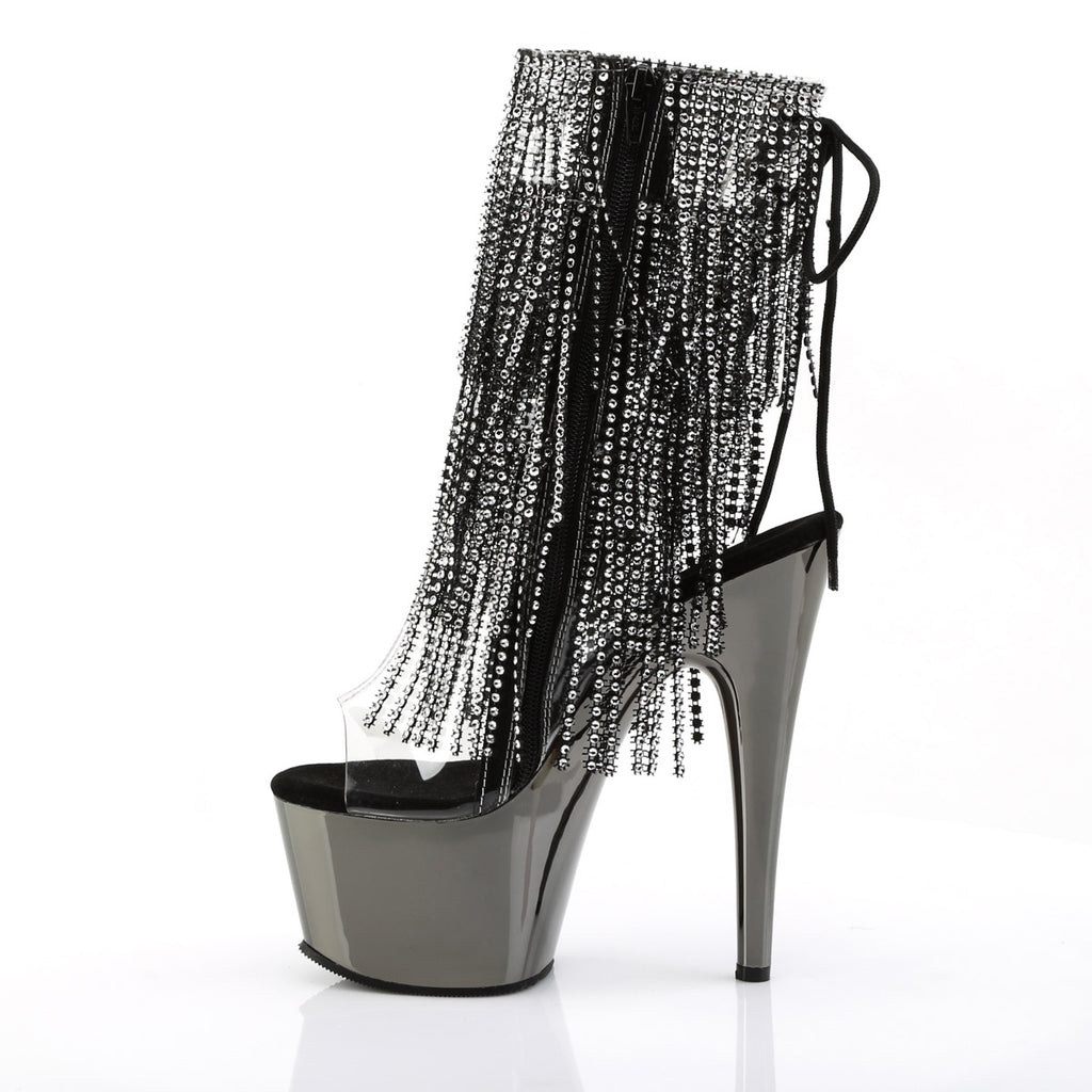 7" Heel, 2 3/4" PF Open Toe/Heel Lace-Up Fringe Ankle Boot Clr-Blk/Dark Pewter Chrome Pleaser Pleaser ADORE/1017RSF